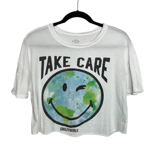 TAKE CARE Smiley World Raw Hem Cut Off Crop Top size Small - Picture 1 of 10